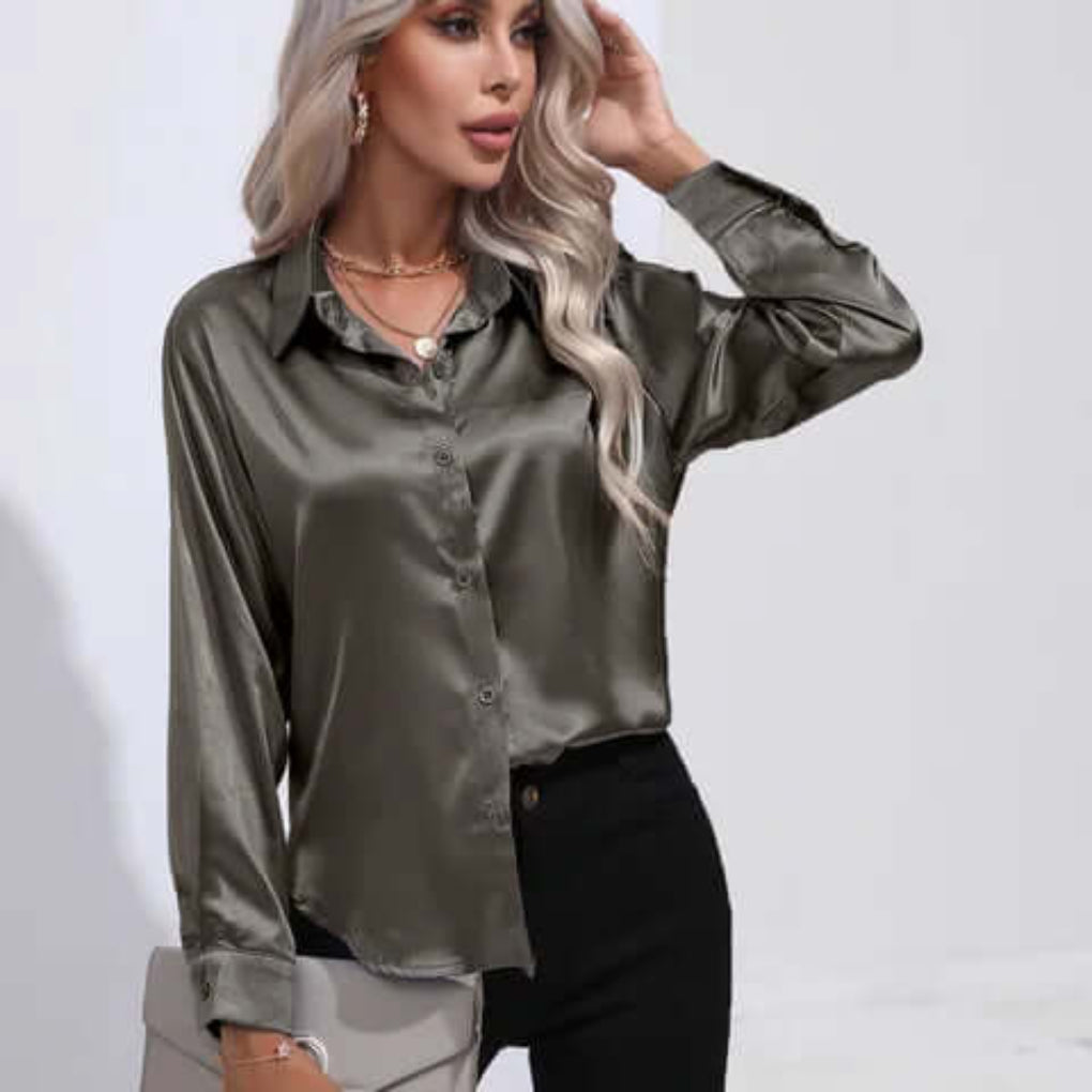 Damenbluse aus Satin mit lockerer Passform und langen Ärmeln