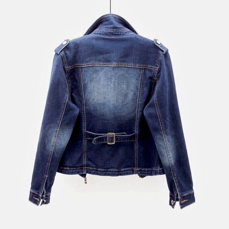 Damen-Denim-Jacke mit Asymmetrischem Reißverschluss und Stehkragen