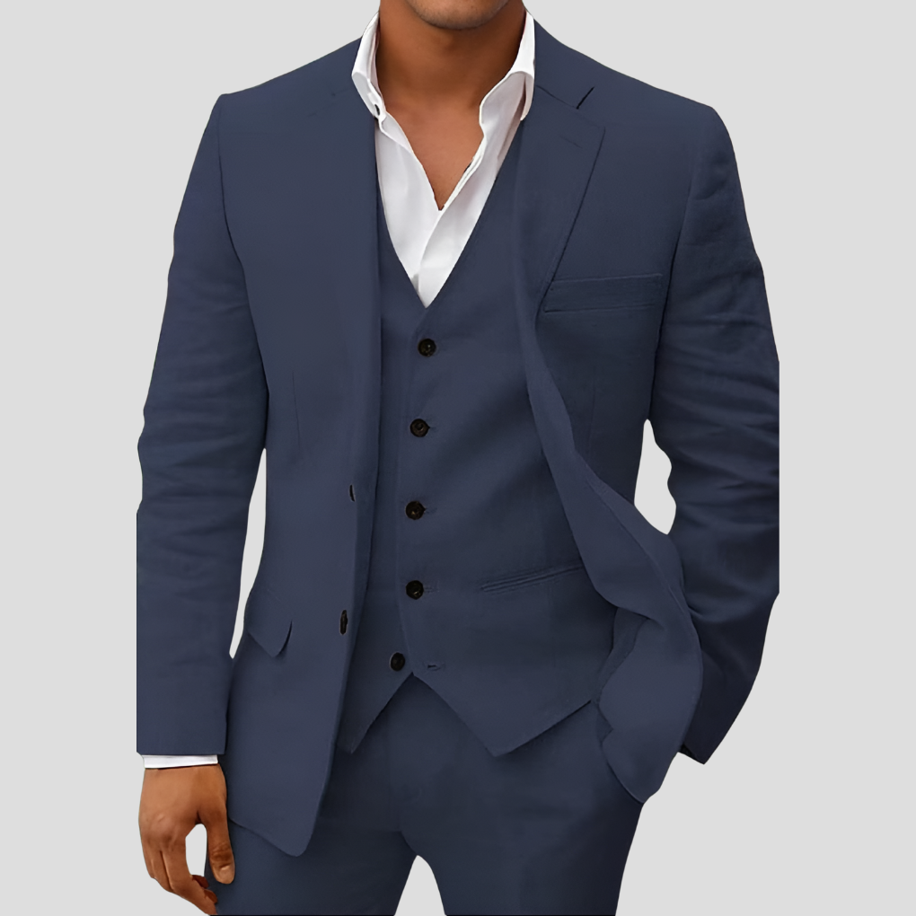 Dreiteiliges Leinenset für Herren: Blazer, Weste und Hose