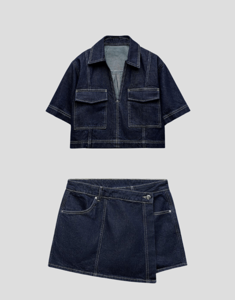Zweiteiliges Jeans-Set mit Oberteil und Rock