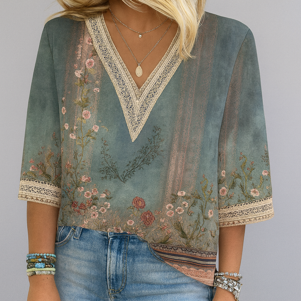 Bedruckte, locker sitzende Bluse mit V-Ausschnitt
