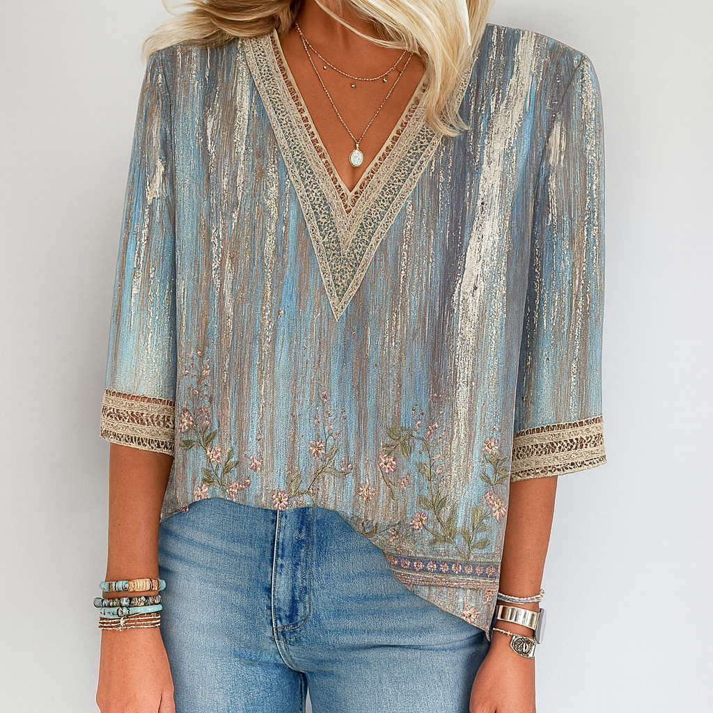 Bedruckte, locker sitzende Bluse mit V-Ausschnitt