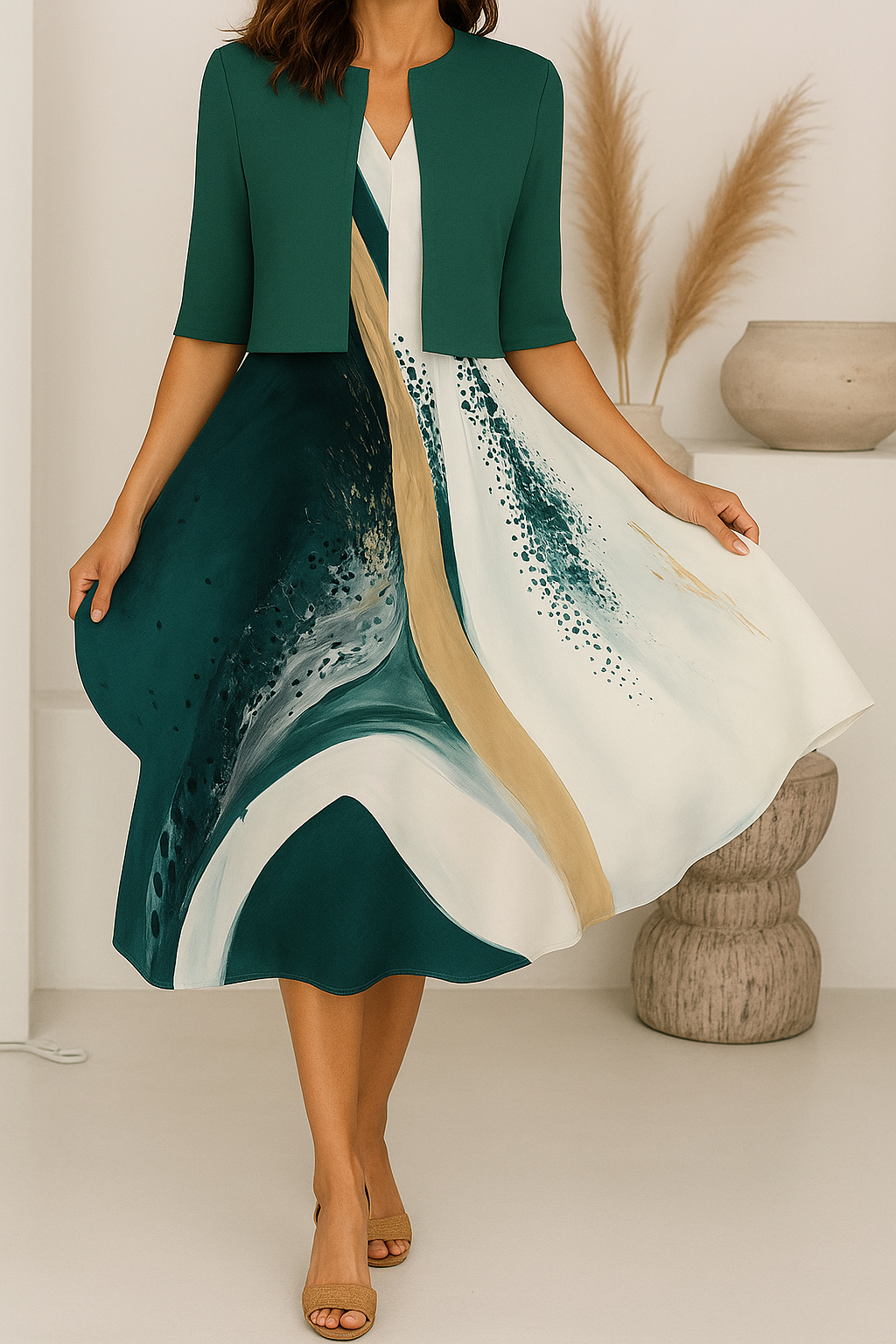 Elegantes Maxikleid mit Rüschenärmeln und Taillengürtel