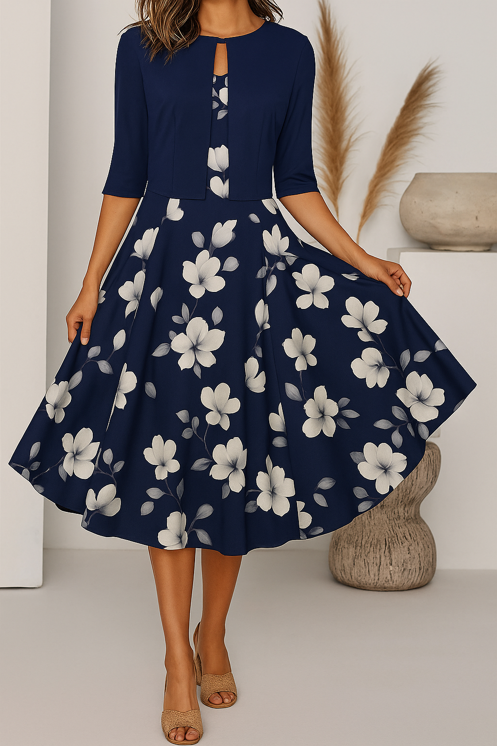 Elegantes Maxikleid mit Rüschenärmeln und Taillengürtel