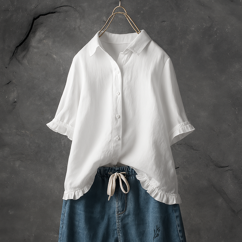 Button-Down-Baumwollbluse mit Rüschensaum