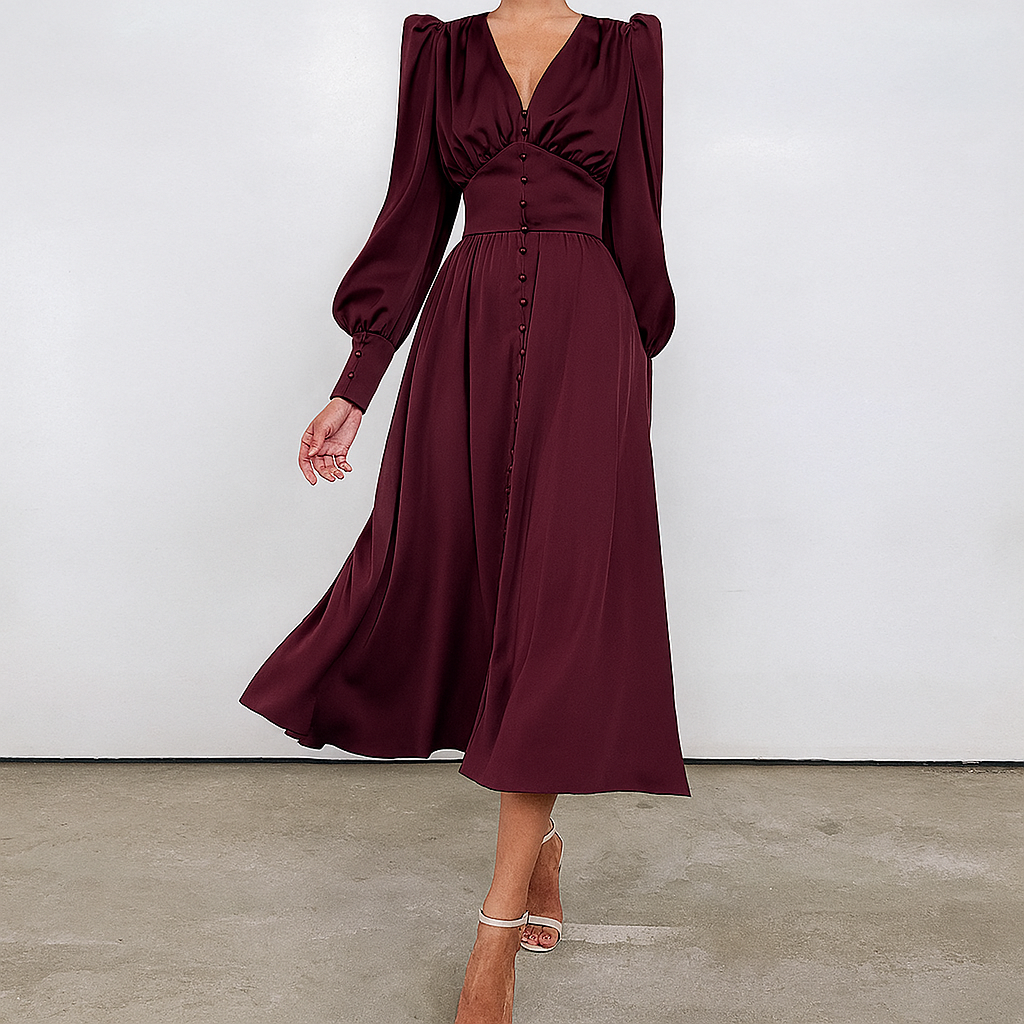 Seidiges Midikleid mit Puffärmeln und V-Ausschnitt