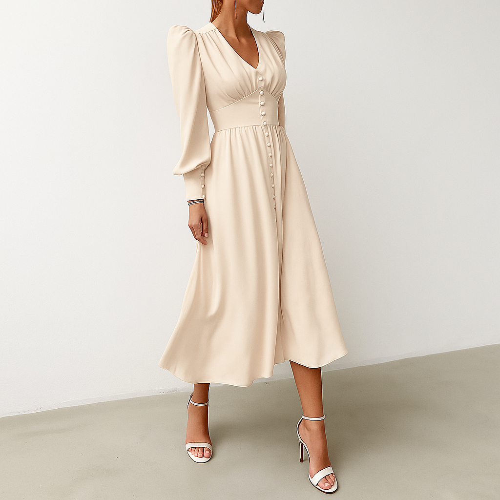Seidiges Midikleid mit Puffärmeln und V-Ausschnitt
