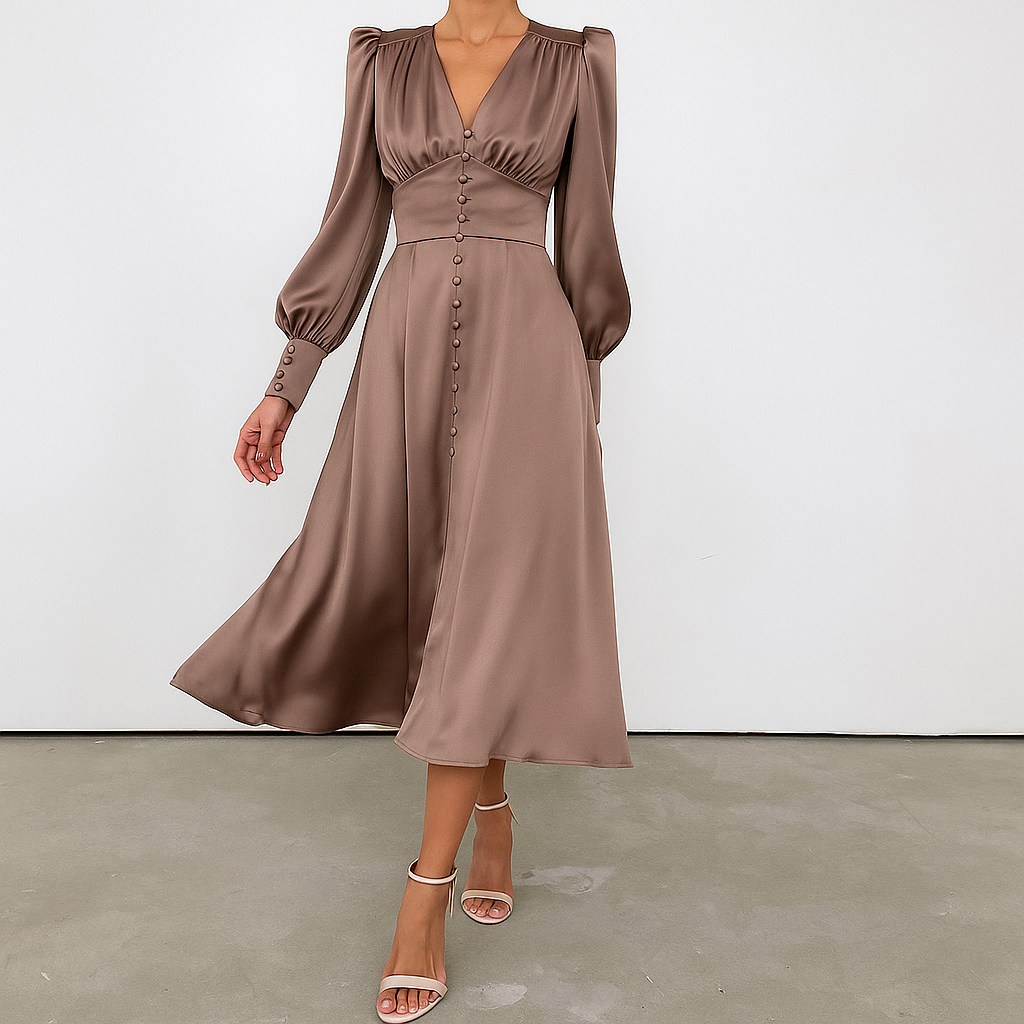 Seidiges Midikleid mit Puffärmeln und V-Ausschnitt