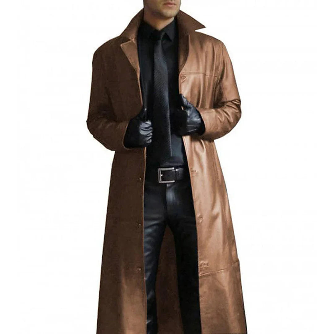 Lange Herren-Winterjacke aus Kunstleder mit klassischem Trenchcoat-Design