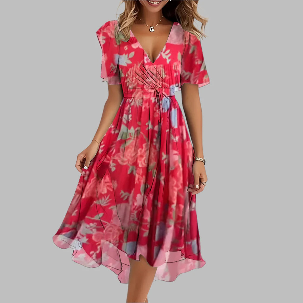 Damen stilvolles Midikleid mit gerafftem Blumenmuster
