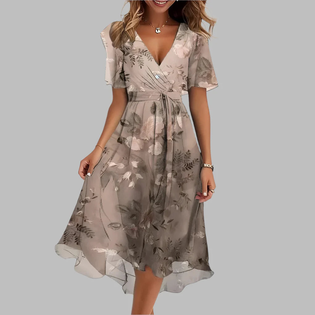 Damen stilvolles Midikleid mit gerafftem Blumenmuster