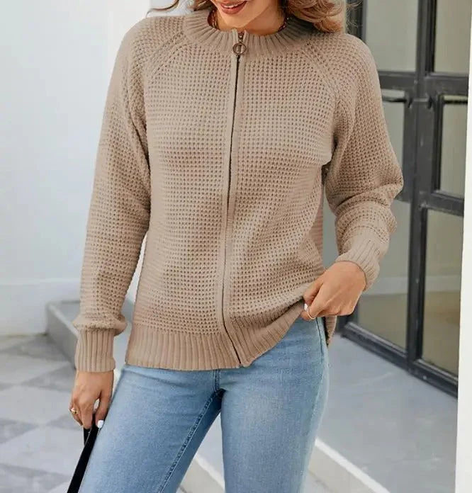 Effen Casual Damenstrickjacke mit langen Ärmeln und Reißverschluss