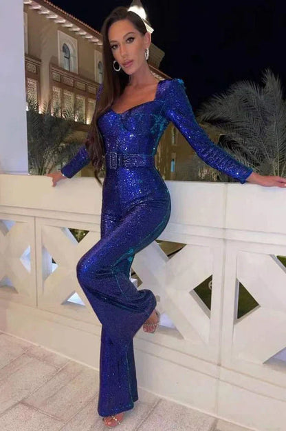 Pailletten-Jumpsuit mit Korsett-Detail und ausgestelltem Bein