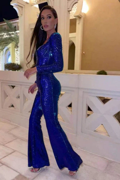 Pailletten-Jumpsuit mit Korsett-Detail und ausgestelltem Bein