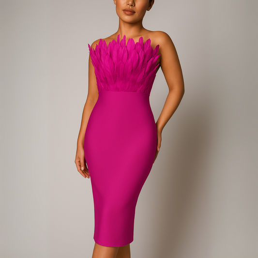Trägerloses Midikleid mit Federbesatz für Damen