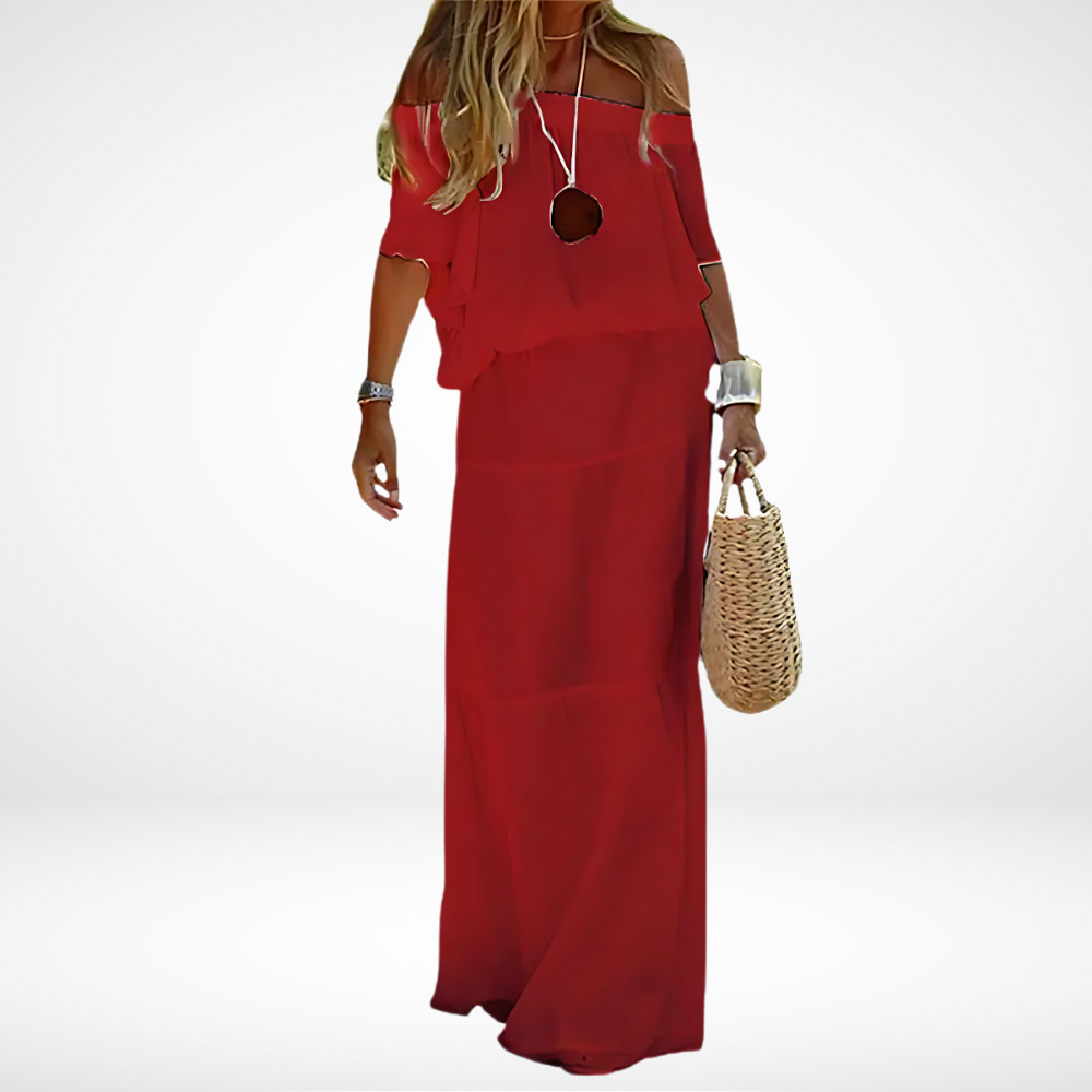 Elegantes weißes schulterfreies Maxi-Strandkleid