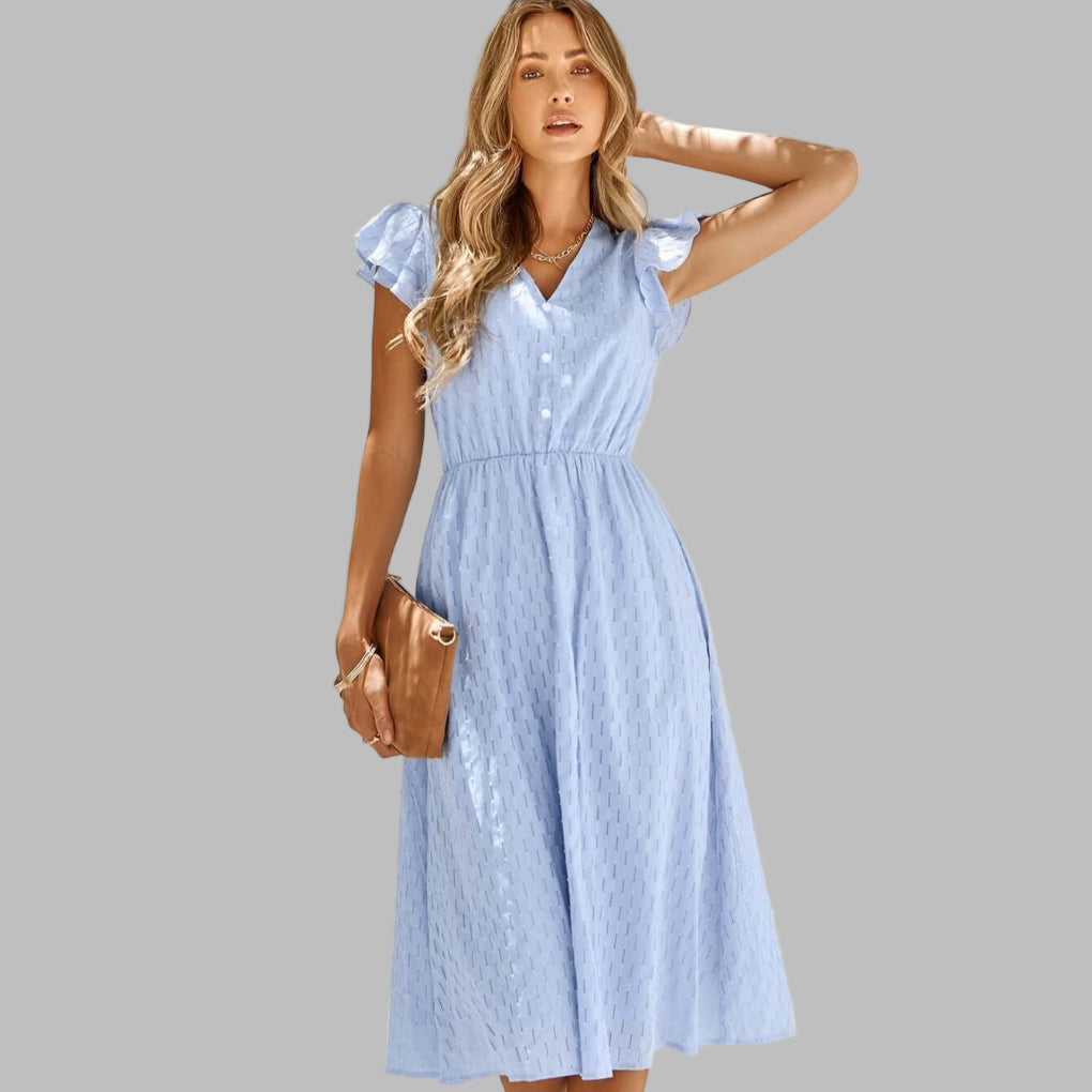Fließendes Midikleid mit V-Ausschnitt und Rüschen für Damen