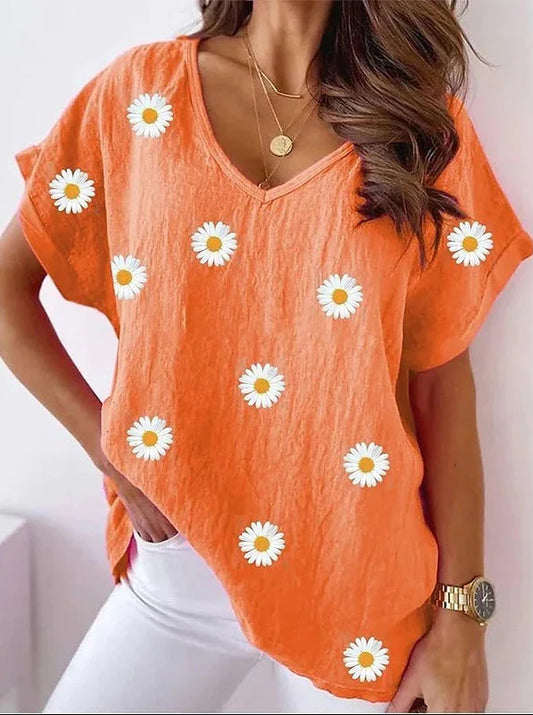 V-Ausschnitt T-Shirt mit 3D-Blumenprint
