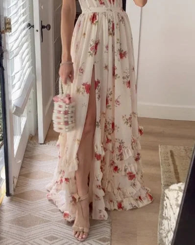 Women's Lace Floral Midi Dress – Elegant Evening Wear