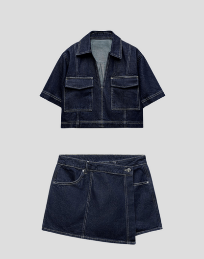 Zweiteiliges Jeans-Set mit Oberteil und Rock