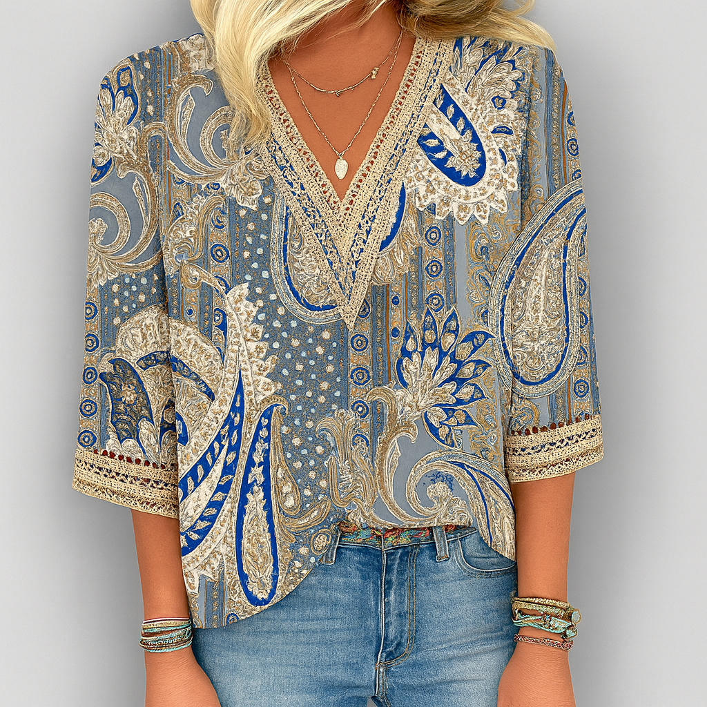 Bedruckte, locker sitzende Bluse mit V-Ausschnitt