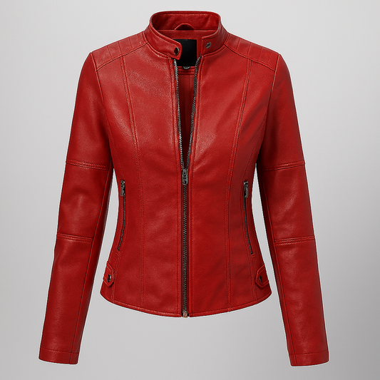 Taillierte rote Leder-Motorradjacke für Damen