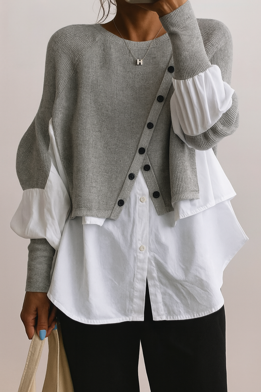 Zwei-in-Eins-Pullover mit weißem Blusensaum