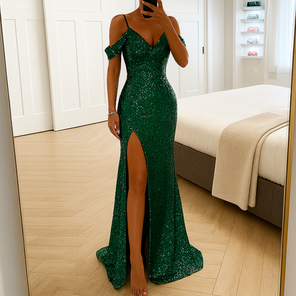 Elegantes schulterfreies Maxikleid mit Pailletten
