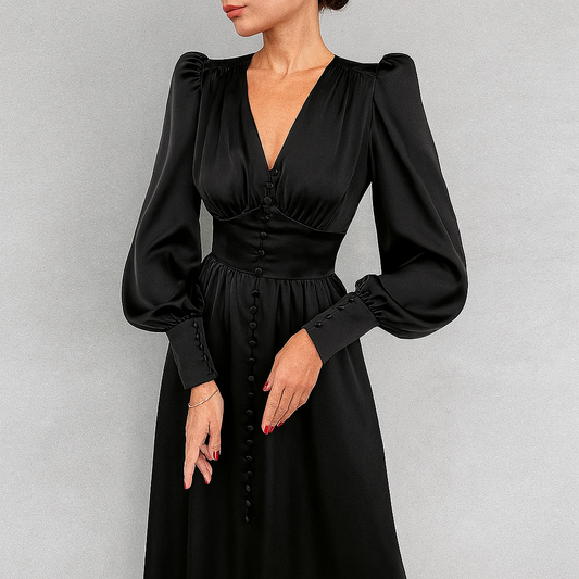 Seidiges Midikleid mit Puffärmeln und V-Ausschnitt