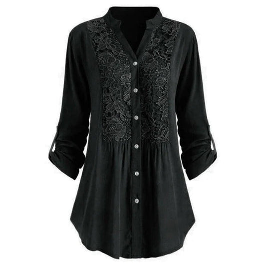 Voorkant zwarte lange blouse met pofmouwen voor dames