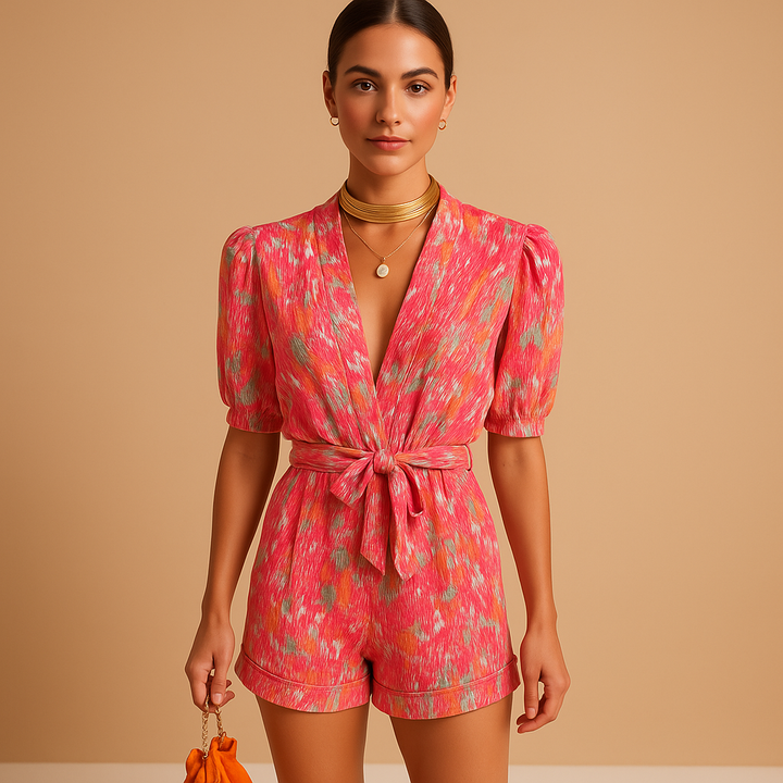 Dames zomerjumpsuit met levendige print, korte broek en taille-accentuerende riem, perfect voor warme dagen en casual gelegenheden.
