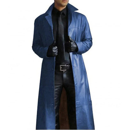 Lange Herren-Winterjacke aus Kunstleder mit klassischem Trenchcoat-Design