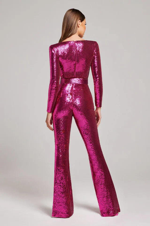 Pailletten-Jumpsuit mit Korsett-Detail und ausgestelltem Bein