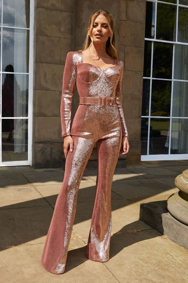 Pailletten-Jumpsuit mit Korsett-Detail und ausgestelltem Bein