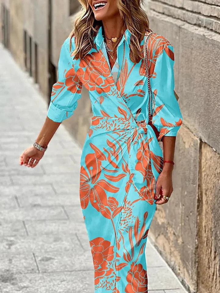 Sommerliches Maxikleid mit Wickeloptik und klassischem Kragen