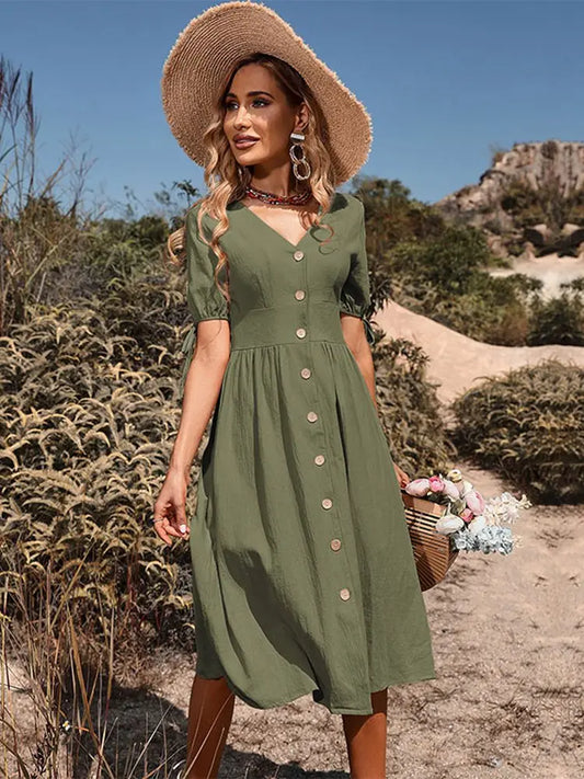 Frühlings-/Sommerkleid aus Baumwolle mit V-Ausschnitt