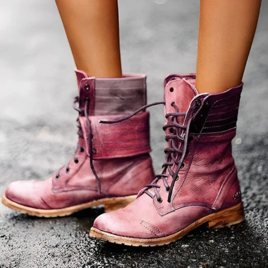 Retro Vintage Leder Schnürstiefel für Damen