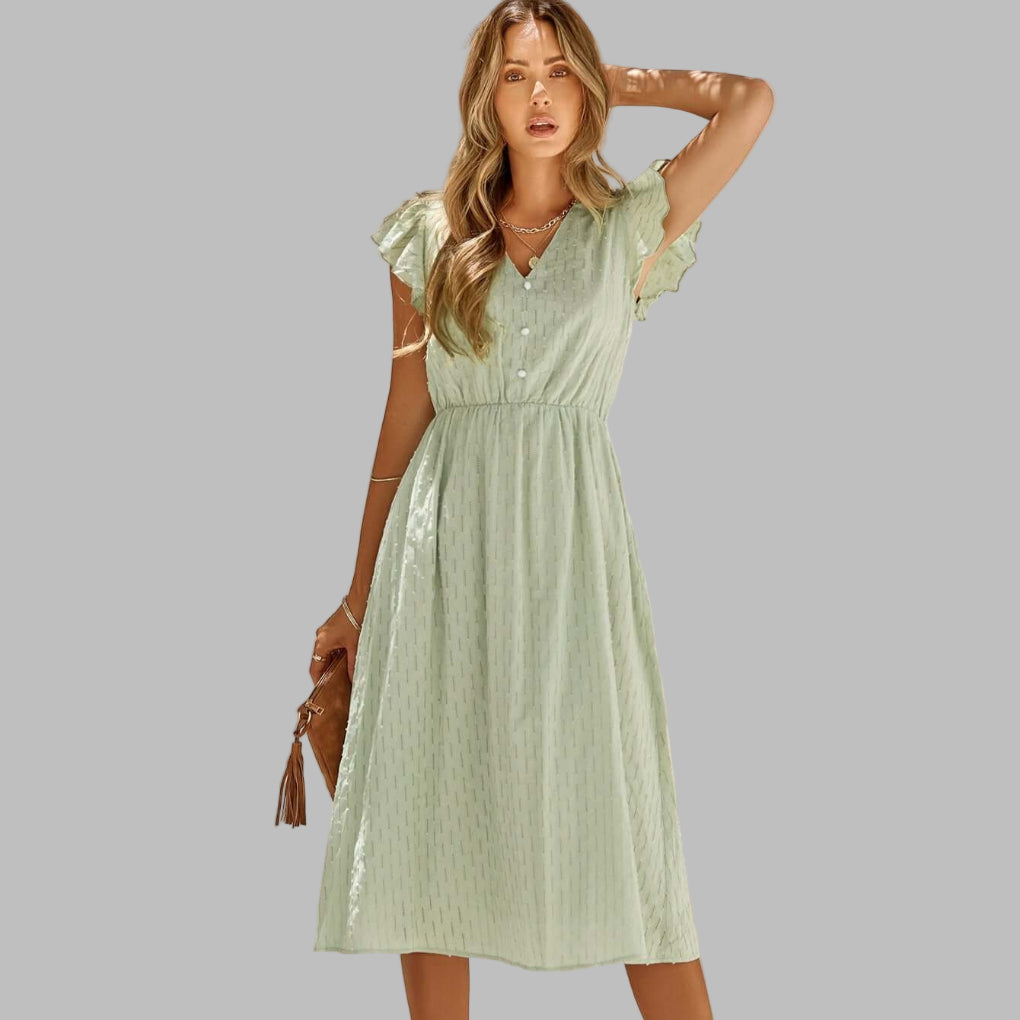 Fließendes Midikleid mit V-Ausschnitt und Rüschen für Damen
